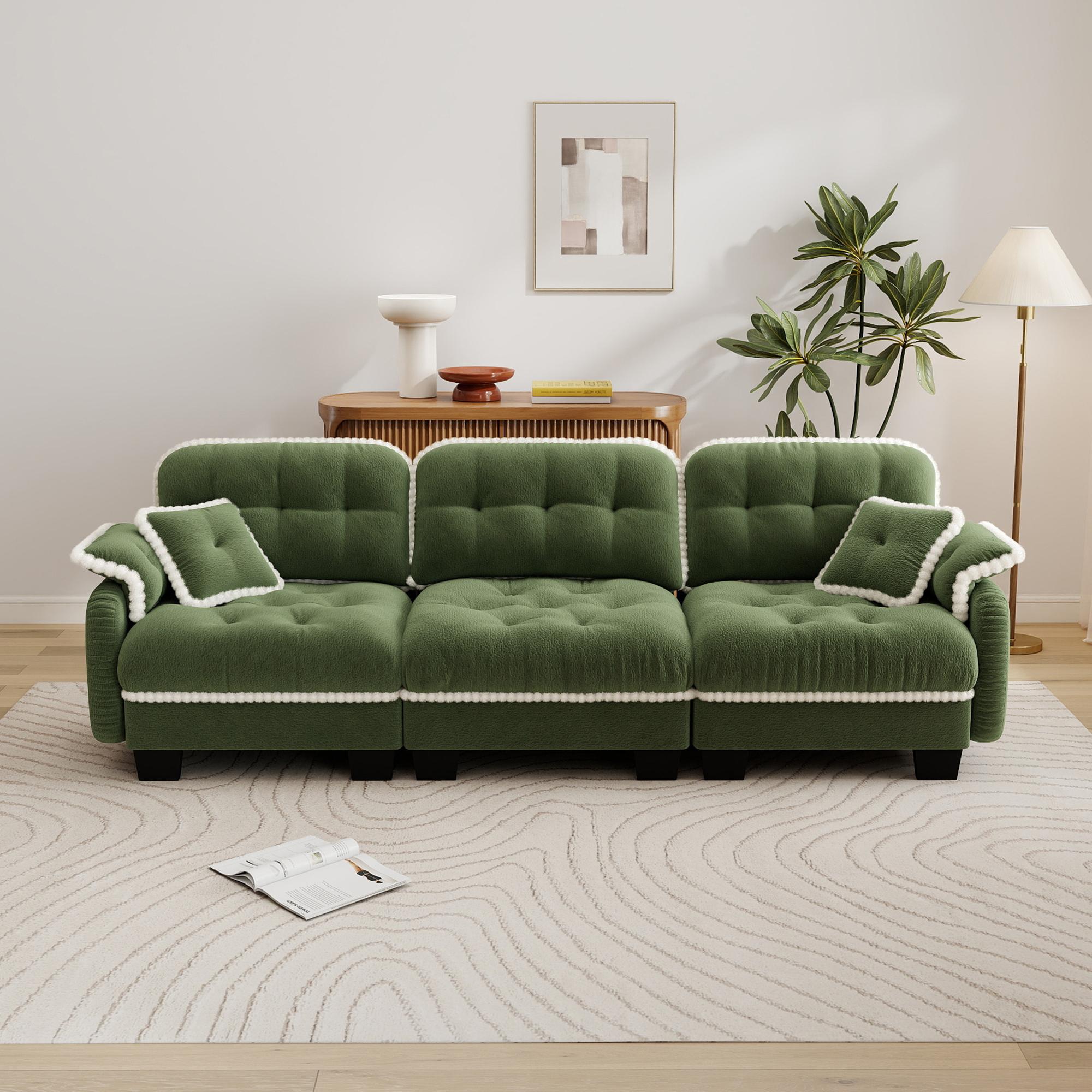 Eyisean 100.7in Chenille Modern Modular Sectional Sofa Furniture - 3-Seater U-Shaped Comfy Couch with Fixed Arms, Armrest Pillow, Back Cushion, 2 Movable Ottomans, Pom-Pom Trim Quilted Tufted Deep Seat, Ergonomic for Living Room Decor, Small Spaces, Ottom