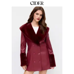 Cider Faux Leather  Double Breasted Jacket With Fleece Collar & Cuffs