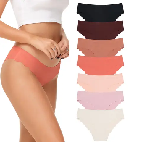 LEVAO Women's Seamless Garments - Soft Fabric Fashion Breathable Underwear, Ice Silk No-Show Sexy Bikini Hipster with Wavy Sides, 7-Pack Invisibles Panties (S-XL)