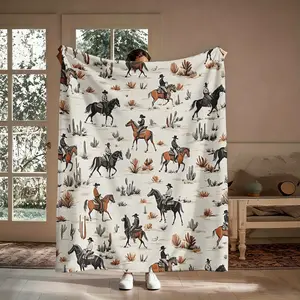 Southwestern Cowboy Flannel Blanket, 1 Count Watercolor Horse Rider Cactus Soft Comfy Throw, Vintage Ranch Desert Design, Cozy Nap Blanket for Home Office Travel, Suitable for Sofa Bed Couch, Gift for Him Her Western Lovers, Artistic Keepsake Tapestry