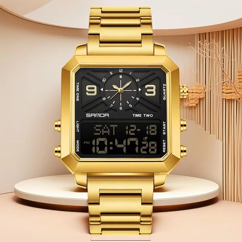 Valentine's Day Men's Square Face Digital-Analog Watch with Steel Strap, 3 Timezones, Alarm, Stopwatch, Waterproof Design, Night Light - Sports-Casual Fashion Watch