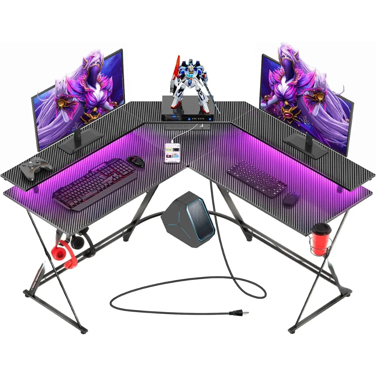 L Shaped Gaming Desk with LED Lights & Power Outlets, 50.4” Computer Desk with Monitor Stand & Carbon Fiber Surface, Corner Desk with Cup Holder, Gaming Table with Hooks, Black Cool Gaming Table
