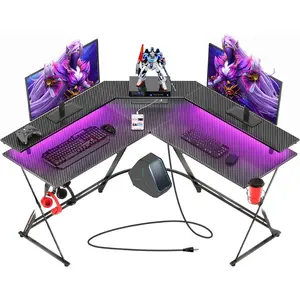 L Shaped Gaming Desk with LED Lights & Power Outlets, 50.4” Computer Desk with Monitor Stand & Carbon Fiber Surface, Corner Desk with Cup Holder, Gaming Table with Hooks, Black Cool Gaming Table