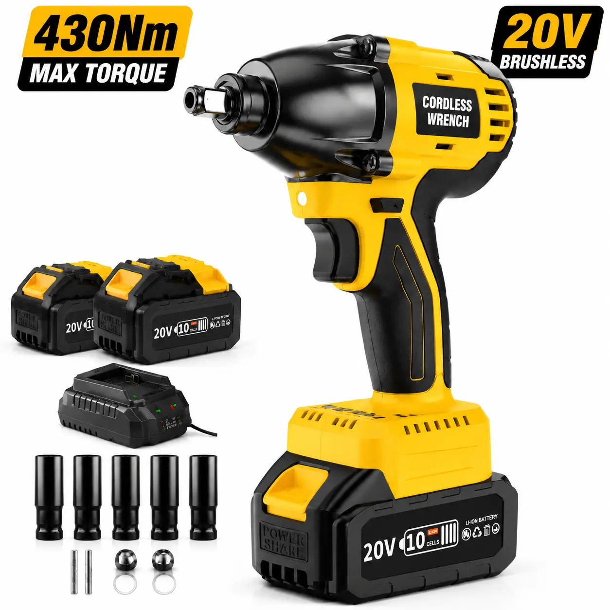 20V Brushless Cordless Impact Wrench Kit, 430Nm Max Torque, 1/2-Inch Drive, Charger, Carrying Case for Auto Repair, DIY Projects nut  car