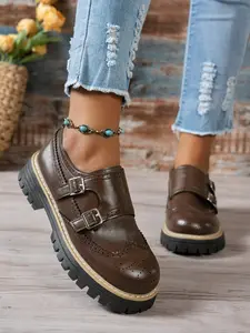 Low Top Monk Shoes Vintage Artistic Style Heightening Slimming Vacation Commute Single Shoe, PU Material, Casual All Seasons