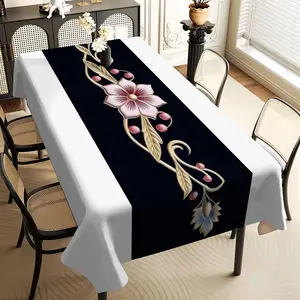 JIT 1pc 2D flat vintage black and white floral pattern rectangular tablecloth, for kitchen, living room, and dining table, kitchen accessory, party, room & outdoor decorative tablecloth, a tablecloth gift for friends