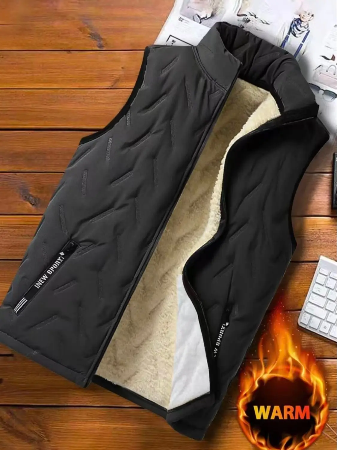 Men's Fleece Vest, Casual Fitted Knitted Outerwear with Stand Collar and Zippered Pockets for Winter, Knitting, Pocketed