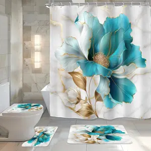 Teal Gold Marble Floral 4Pcs Shower Sets Flower Set with Rugs and Accessories Minimalist Lid Rug, and Bath Mat with 12