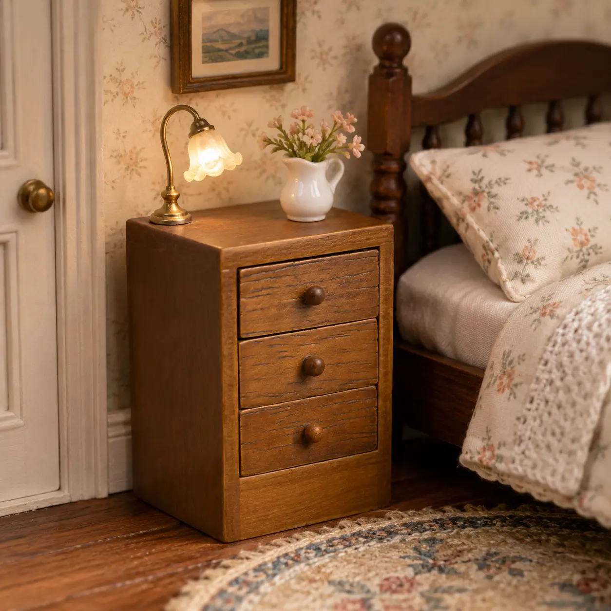1:12 Miniature Wooden Nightstand Dollhouse 3-Drawer Bedside Cabinet Furniture