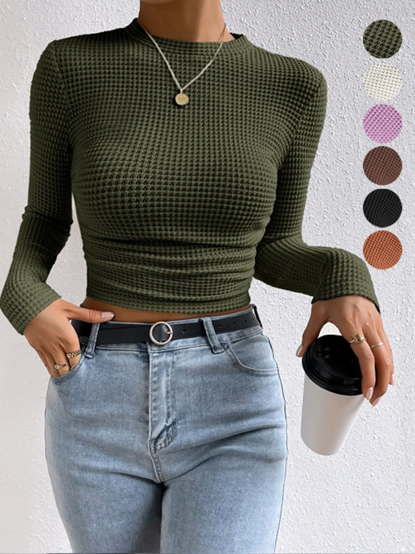 Women's Plain Jacquard Textured Long Sleeve Crew Neck Fitted Sweater, Casual Round Neck Jumper for Daily Wear, Ladies Knitwear for All Seasons, Womenswear Tops Crewneck