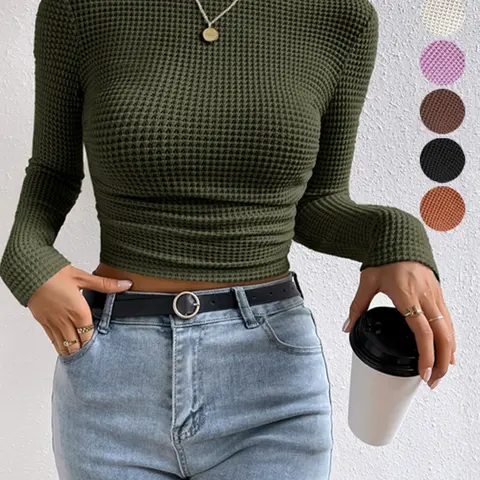 Women's Plain Jacquard Textured Long Sleeve Crew Neck Fitted Sweater, Casual Round Neck Jumper for Daily Wear, Ladies Knitwear for All Seasons, Womenswear Tops, Slim Fitted Knit
