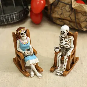 2pcs Skeleton Couple Drinking Coffee Garden Sculptures Statues, Gothic Halloween Home Decor, Antique Art Style Low Bubble Resin Craft