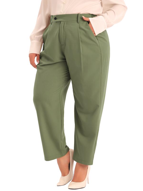 Agnes Orinda Plus Size High Elastic Waisted Long Straight Suit Pants with Pockets Army Green