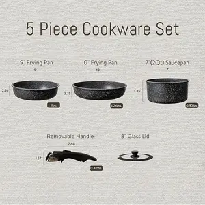 Nonstick Cookware Sets, Non Stick Pots and Pans Set Detachable Handle, Kitchen Cookware Sets with Removable Handle, Stackable RV Cookware for Campers, Oven Safe, Midnight Black, 5pcs Glass Induction