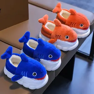 Youngsters' Cute Cartoon Shark Soft Plush Non-Indoor Shoes Breathable Upper PVC Sole Round Toe Comfort Boys Girls Autumn Winter Home Wear