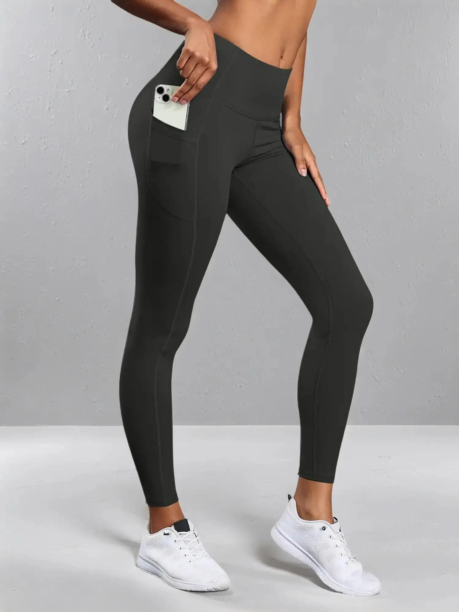 Women's Solid High Waist Pocket Sports Leggings, Sporty Comfy Breathable Skinny Pants for Yoga Gym Workout, Ladies Sportswear for All Seasons, Yoga Tr