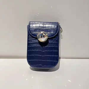 Pre-owned miu miu calfskin Mini Bags miumiu Crystal Phone Holder Blue Crocodile Texture with Sparkling Centerpiece for Stylish Accessory