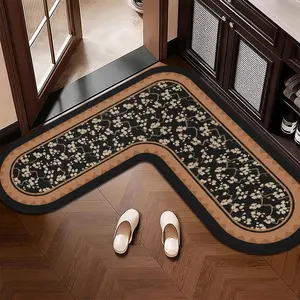 1pc Irregular L-Shaped Kitchen Mat, Vintage Cartoon Print, Absorbent Non-Slip Silicone Mudmat, Easy Clean Bathroom Water Absorbent Rug, Home Decor Carpet, Home Decorative Rugs