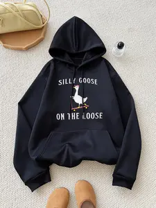 Women's Cartoon Goose & Letter Print Drawstring Pocket Thermal Lined Hoodie, Graphic Hoodies, Cute Long Sleeve Hooded Sweatshirt for Fall & Winter, Women's Clothes for Daily Wear