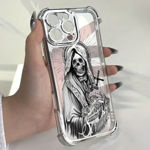 Gothic Rose Skull Pattern Silicone-TPU Cellphone Casing for iPhone 17,16 Pro Max,15 Plus,15,14,13,12,11,E - 4-Corner Shock-Absorbent Anti-Fall Protection, Raised Edges Lens Guard, Anti-Slip Transparent Electroplated Cover for Handheld Devices