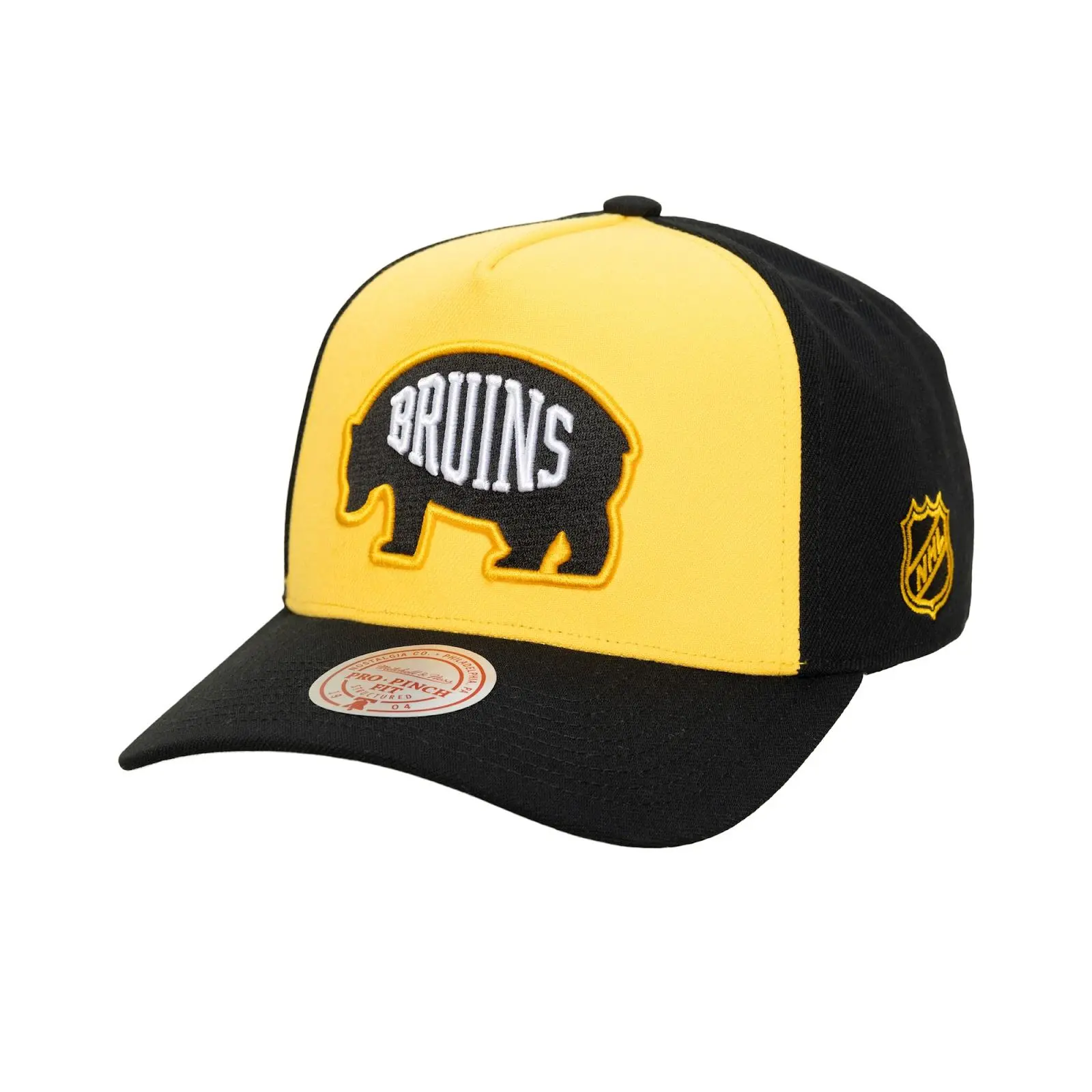 Boston Bruins Gold/Black Legendary Away Pro Pinch Snapback Hat NHL Throwback Cap Adjustable Fan Gear Mitchell & Ness