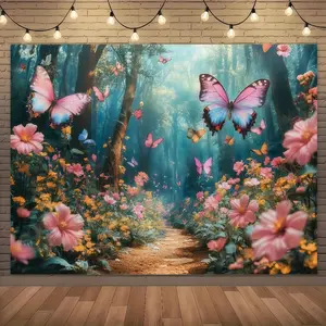 1 piece dream butterfly garden background cloth, pink and yellow flowers, fun spring photography fabric for birthdays, Mother's Day, Easter and other occasions, no power supply required, butterfly decoration