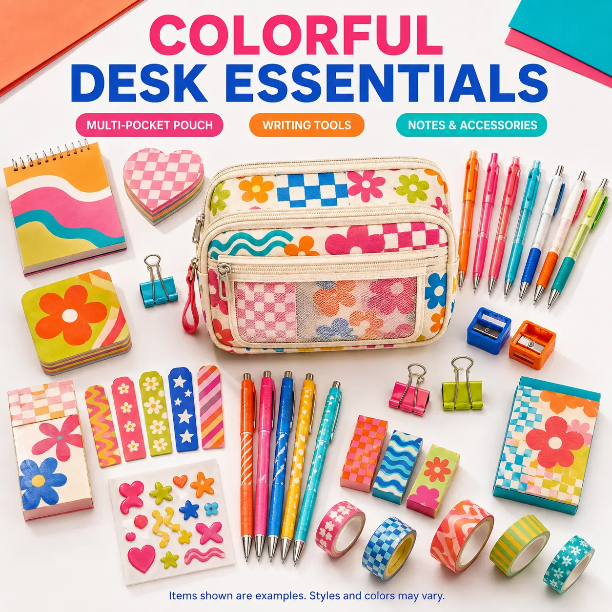 Millobox Colorful Desk Essentials Gift Set with Multi-Pocket Pencil Pouch, Gel Pens, Sticky Notes, Stickers, Desk Clips, Coin Purse and Keychain Charm, Stationery Gift for Women and Teens
