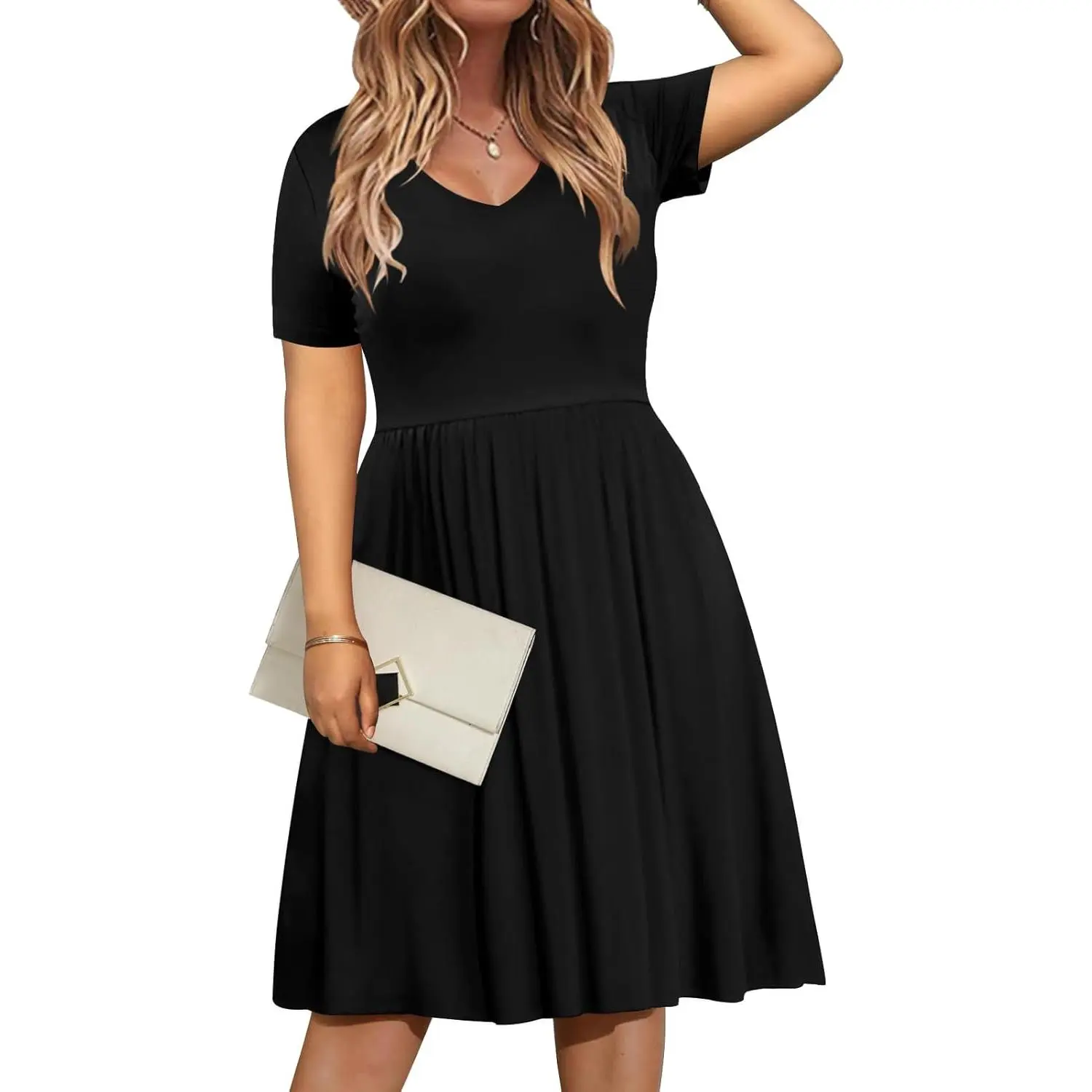 Women's Plus Size Sunflower Fabric Comfy Fit Casual Wear 2026 Summer V-Neck Short Sleeve Knee-Length Dress with Pockets, Beach, Print