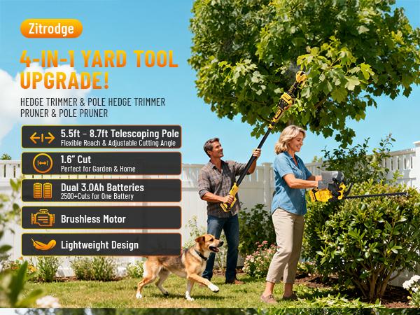 4-IN-1 Electric Pruning Shears+Pole Hedge Trimmer Combo, Hedge and Grass Trimmer Cordless & Tree Pruner with Extension Pole for Shrubs, Bushes, Max 15Ft Reach, Compatible with Dewalt Battery