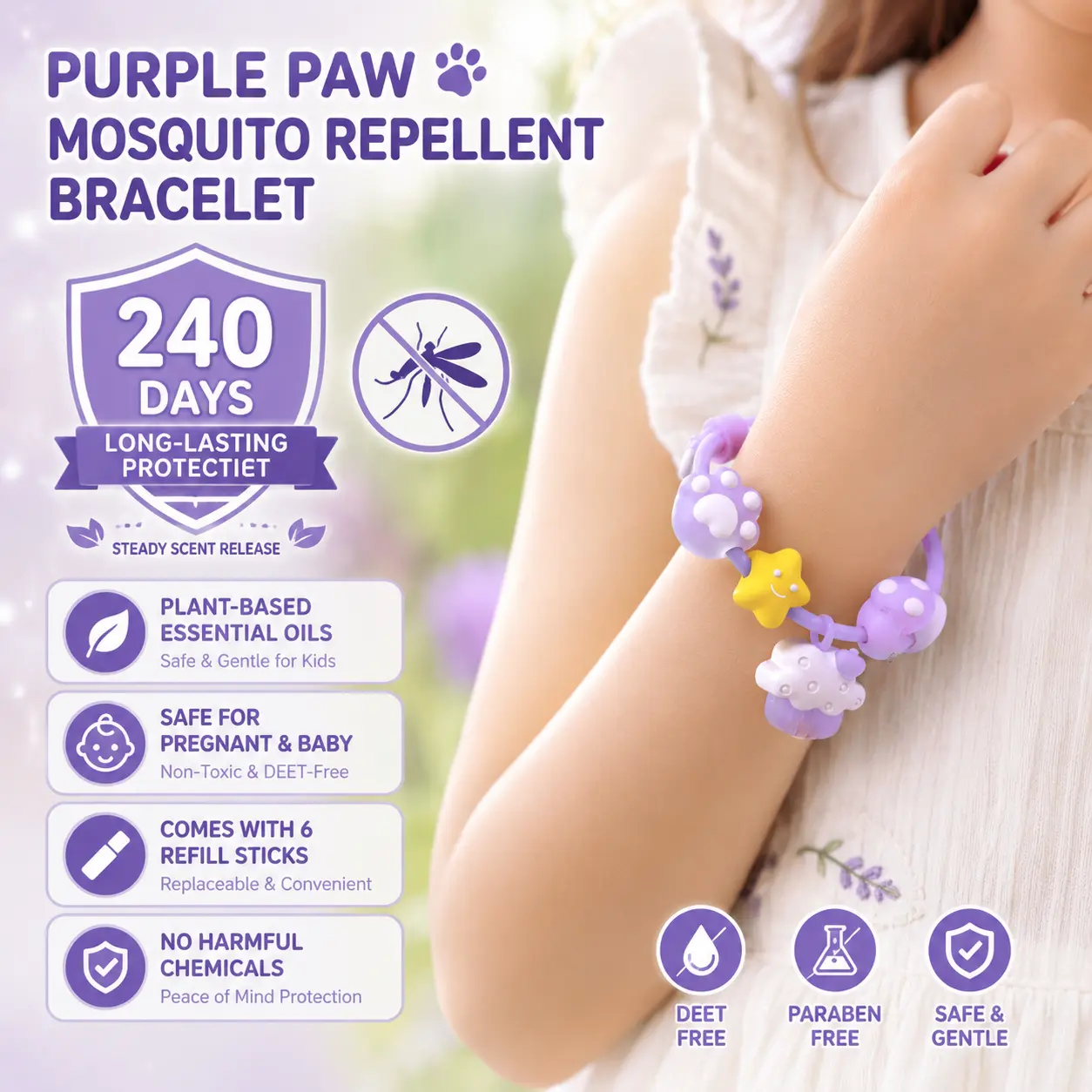 Glow in the Dark Mosquito Repellent Bracelet for Kids, Cute Plant Essential Oil Wristband with Replaceable Refills, DEET-Free Bug Protection for Outdoor Play