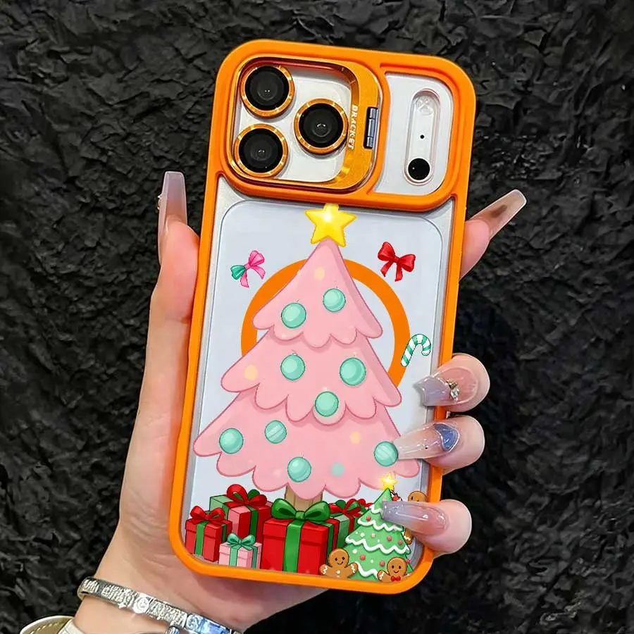 Shockproof Phone Case With Orange Lens Bracket, Pink Christmas Tree & Gingerbread Man Print, Fashion Versatile Protective Cover, Compatible with iPhone 17 Pro Max, 16, 16 Plus, 15, 14, 13, 12, Ideal Holiday Gift,back to school,back to school haul