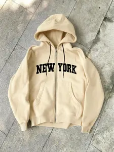 Men's 'NEW YORK' Zip-Up Hoodie | Oversized Fit, Varsity Lettering Print | Trendy Streetwear Essential | Perfect for Urban Style & Preppy-Inspired Fashion Enthusiasts | Fleece-Lined, Vintage College Aesthetic, Casual Sweatshirts