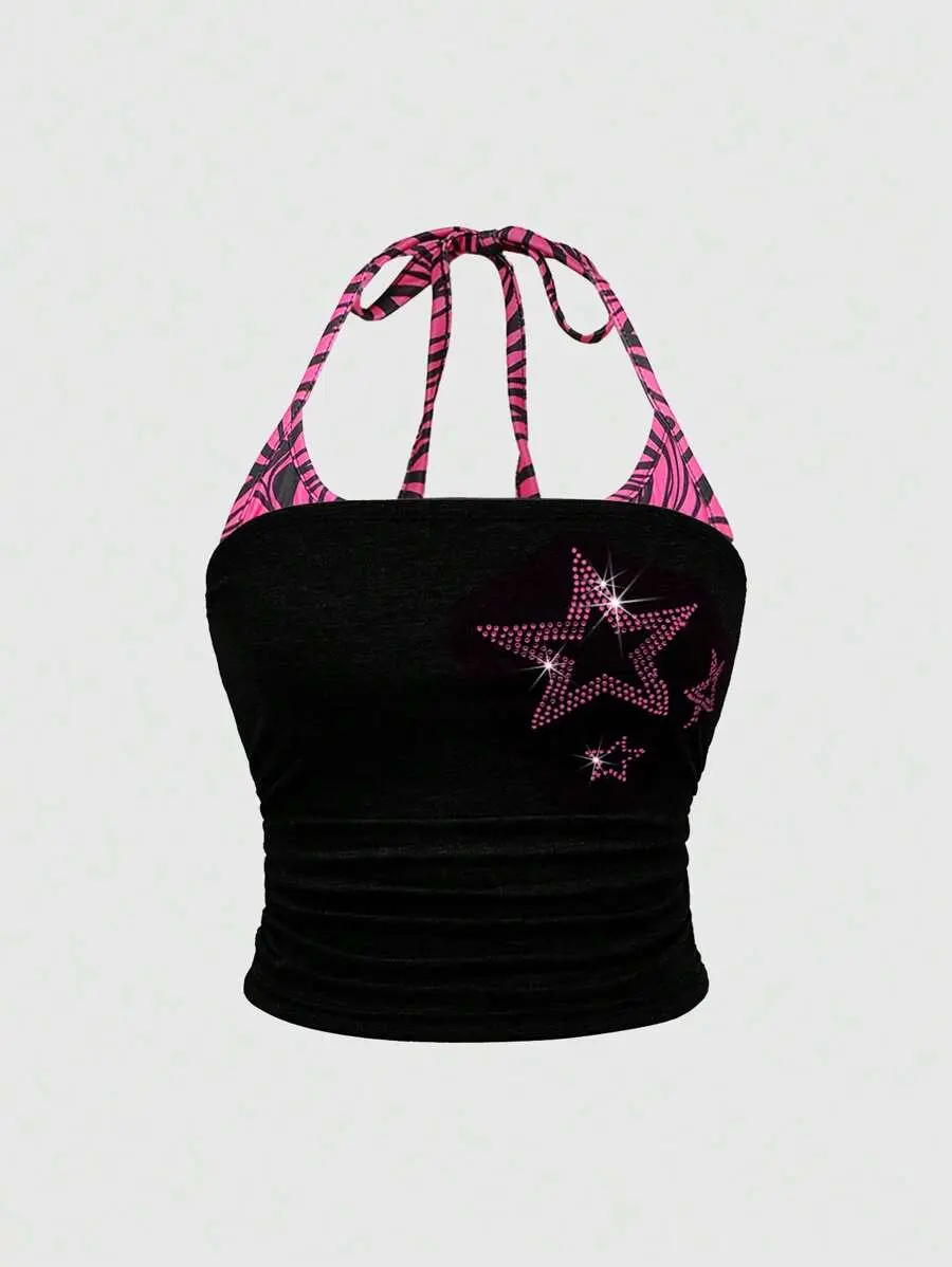 Spring/Summer Y2K Rhinestone Star Decor Halter Neck Plus Size Blouse
