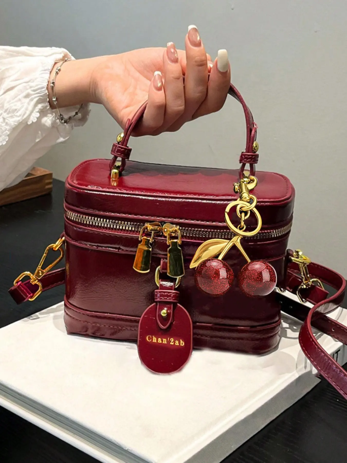 Niche personalized cherry lipstick box bag, Cherry decorated handbag, small, versatile handbag, sweet and cool style small flap square bag, multiple colors available, suitable for daily commuting, shopping, etc., All seasons handbag, Casual commuting bag