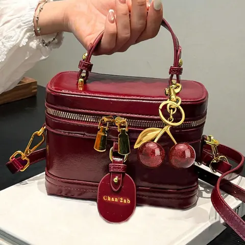 Niche personalized cherry lipstick box bag, Cherry decorated handbag, small, versatile handbag, Casual trendy handbag, small flap square bag, multiple colors available, suitable for daily commuting, shopping, All seasons handbag, Casual commuting bag