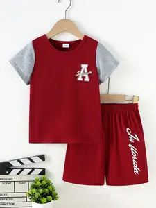 Boys Summer Two-Piece Set, Letter Print Colorblock T-Shirt & Shorts, Casual Breathable Kids Clothing (2-7 Years)