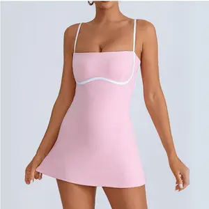 Yoga one-piece dress, women's color-blocking chest cushion, anti-glare leggings, sports and fitness training tennis dress