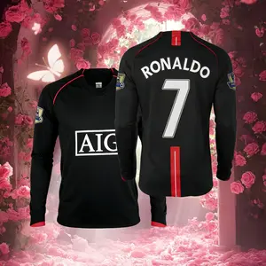 07 08 Long Sleeve Shirt CR7 Ronaldo Away Retro Soccer Jersey Black Fans Version