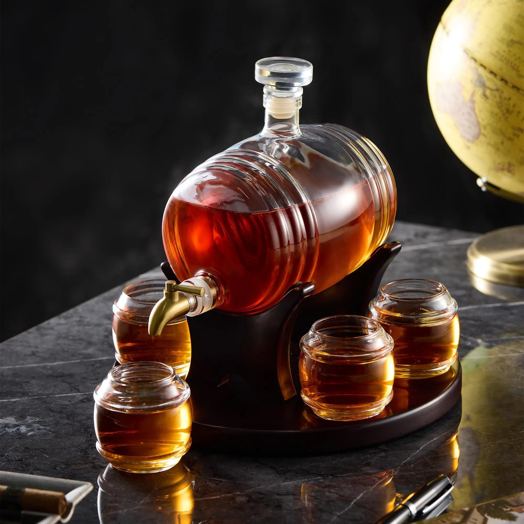 CRAFTGEN Whiskey Barrel Decanter Set with Glasses - Liquor Dispenser Alcohol Gift for Men Dad - Father's Day Bar Gift for Bourbon Wine Vodka