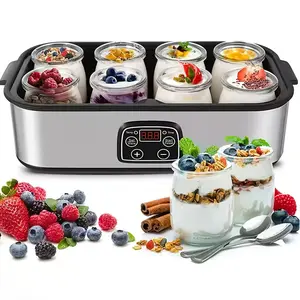 Automatic Yogurt Maker, 8 x 48 oz Glass Jars (6 oz per jar), LCD Display, Temperature Control, Stainless Steel Design, for Home and Commercial Use