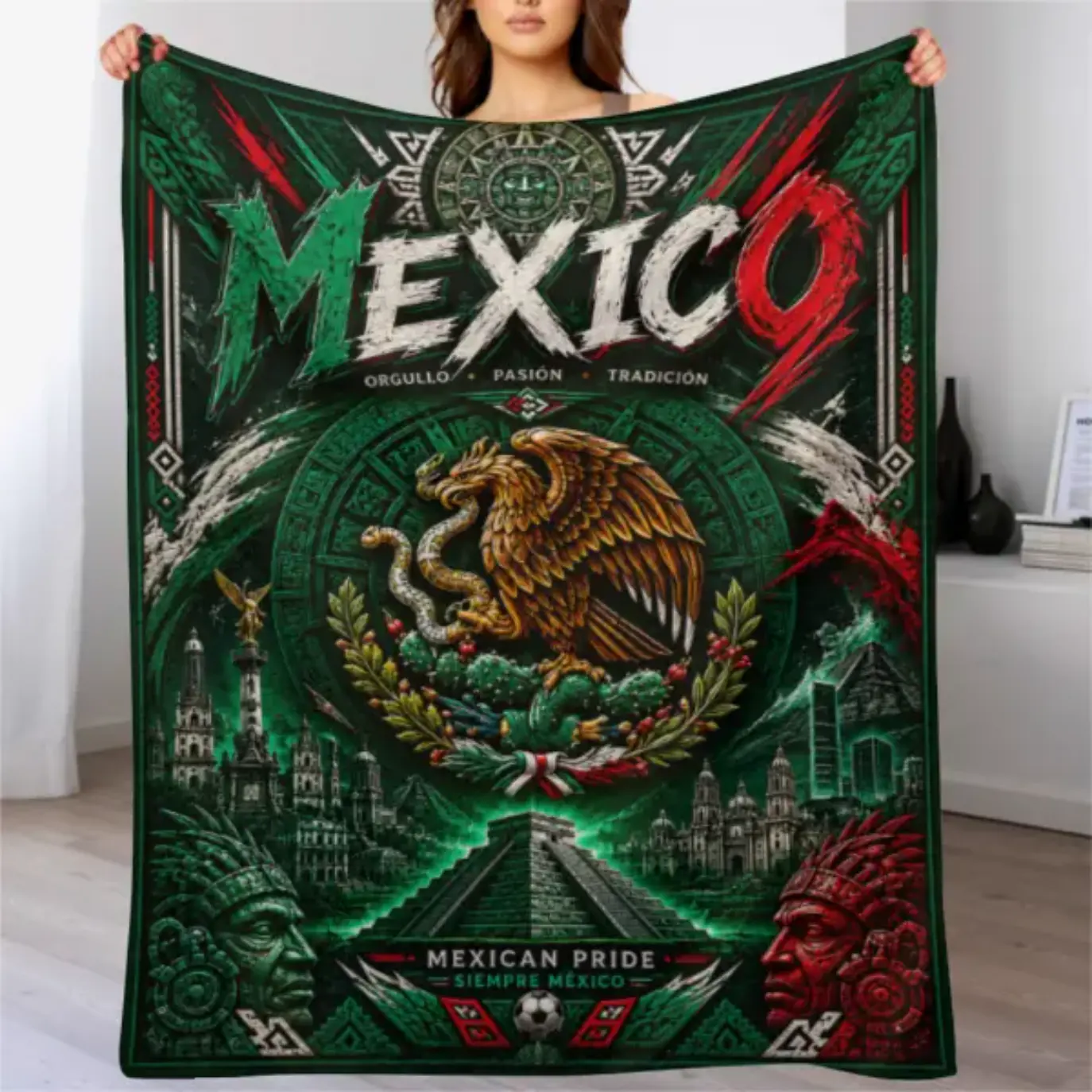 Mexico Pride Aztec Culture Eagle Serpent National Emblem Blanket Mexican Culture Eagle Design Blanket, Aztec Inspired Pattern Fleece Blanket, Soft Cozy Warm Blanket for Couch Sofa Bedroom Decor, Cultural Gift for Mexico Fans, Travel Lovers Home Decoration