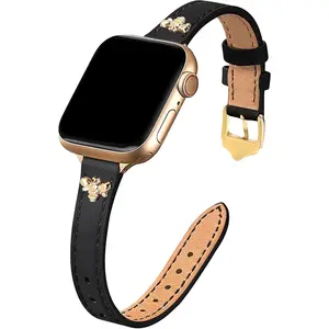WBA-101-XLL Slim Leather Bands Compatible with Apple Watch Band 38mm 40mm 41mm 42mm 44mm 45mm 46mm 49mm, Top Genuine Leather Band with Charms, Feminine Design for Iwatch Ultra SE Series 10 9 8 7 6 5 4 3 2 1