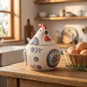 Ceramic Salt Cellar with Lid & Spoon – 13 oz Large Chicken-Shaped Salt Jar. Countertop Storage for Salt, Coffee, Sugar, Spices & Candies Multi-Purpose