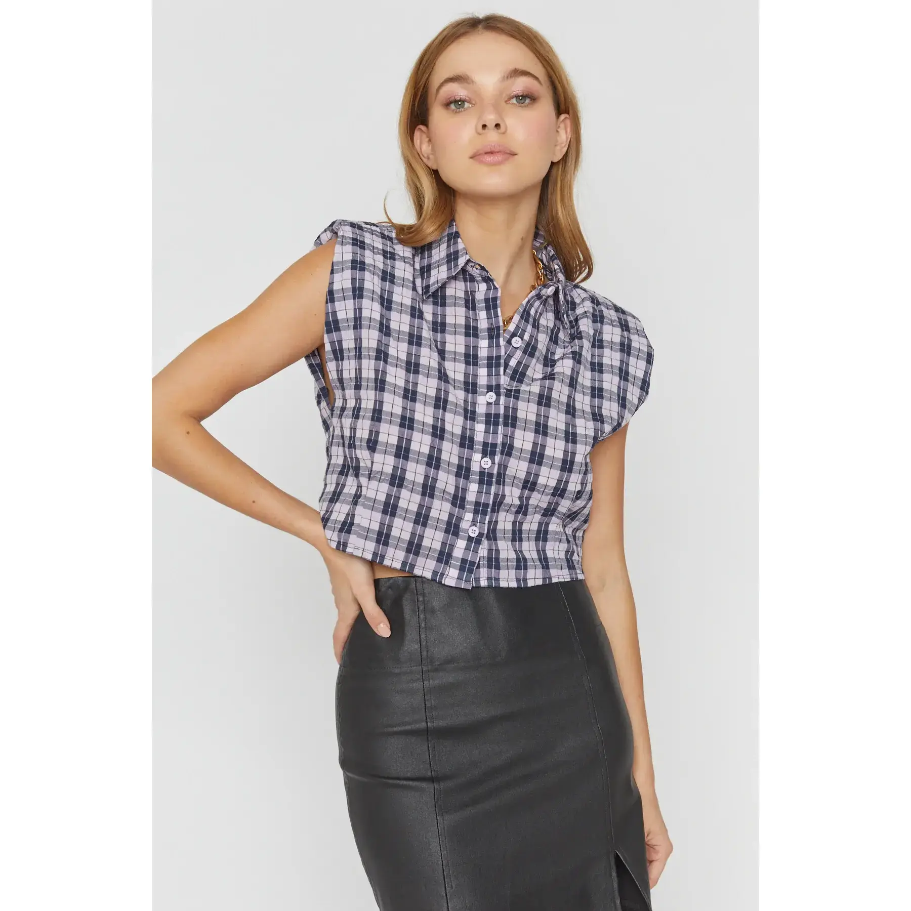 Women's Gingham Plaid Blouse with Padded Shoulders - B/D Top, GST1964
