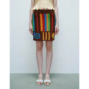 URBAN REVIVO 2026 Spring Collection Women's Cotton Crochet Knit Viscose Skinny Skirt - Elastic Waist, Mini Length, Crochet Skirts, Style UWL940052