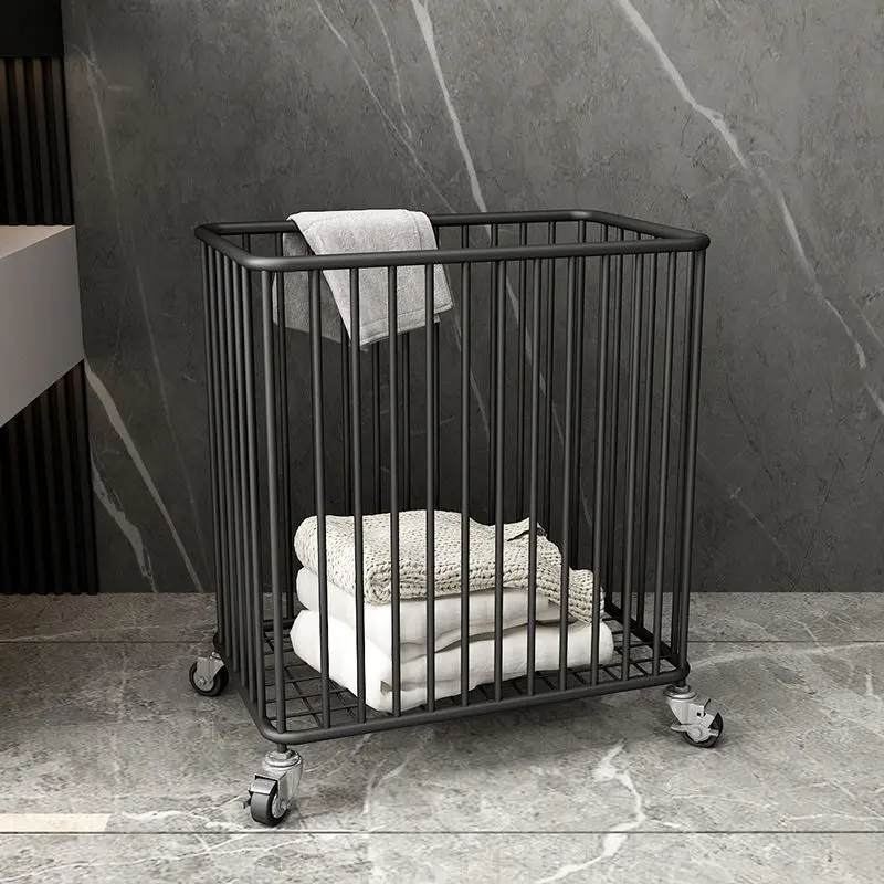 CNCEST Modern Cast Iron Rectangular Laundry Basket Organizer, 40x25x47 cm Floor-Standing 4-Wheeled Portable High-Capacity (15.7in, 88lbs) Breathable Storage for Bathroom, Easy Room-to-Room Movement