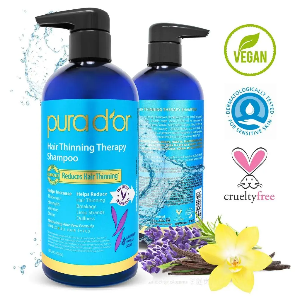 PURA D’OR Hair Thinning Therapy Shampoo Lavender Vanilla 16oz (473ml) – Anti Hair Thinning Shampoo for Breakage, Thinning Hair Treatment, Volume, Thickness & Scalp Care Shampoo for All Hair Types