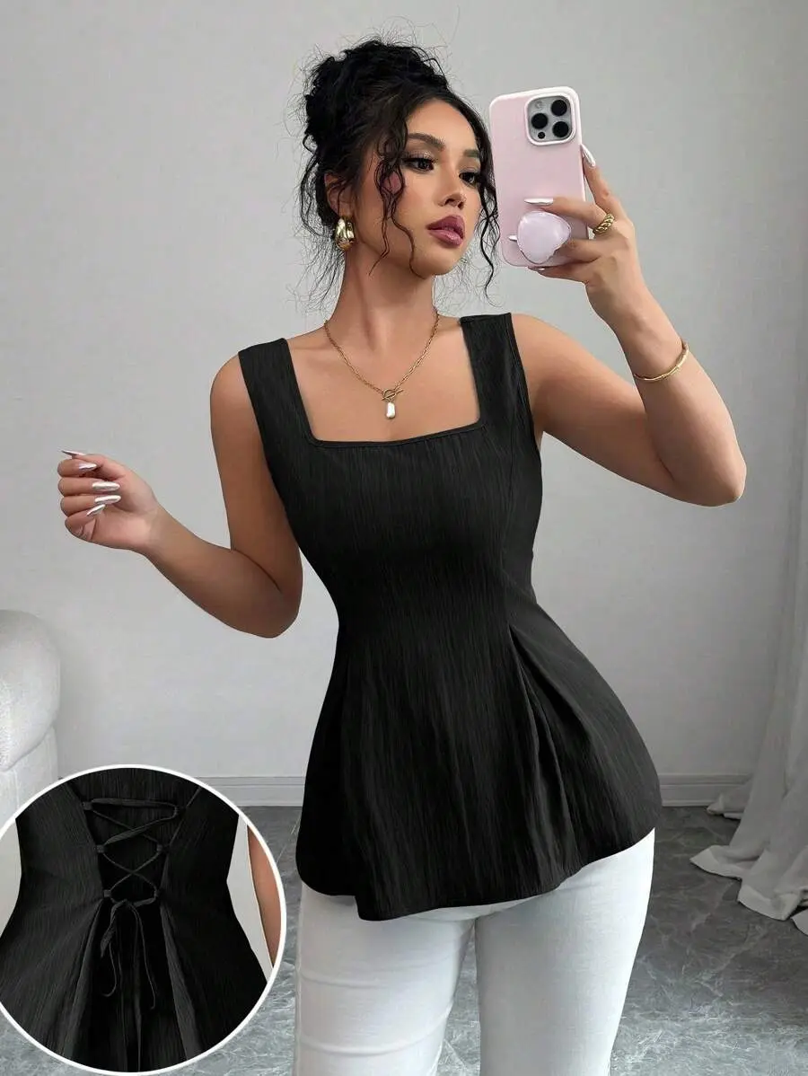 2025 Spring Summer New Arrival Elegant Vintage Blue Tie-Waist Square Collar Sleeveless Blouse