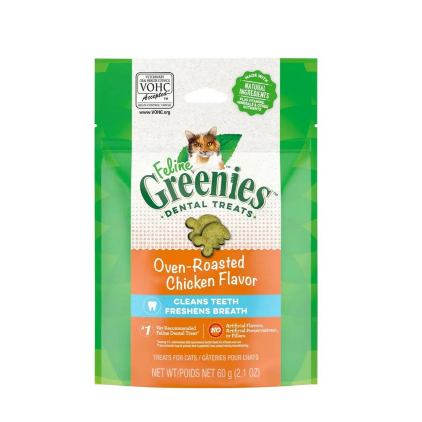 Greenies Feline Dry Dental Cat Treats - Oven Roasted Chicken Flavor, Natural, Crunchy Texture, Fresh Breath, Guilt-Free Snack, 2.1-oz