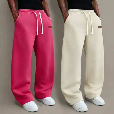 Men's 2-Piece Autumn-Winter Plain Activewear Sportswear Set - Unisex Preppy Wide-Leg Drawstring Pocket Pants, Classic Black + Light Gray Casual Holiday Hip-Hop Sweats, Stylish Personalized Bottoms